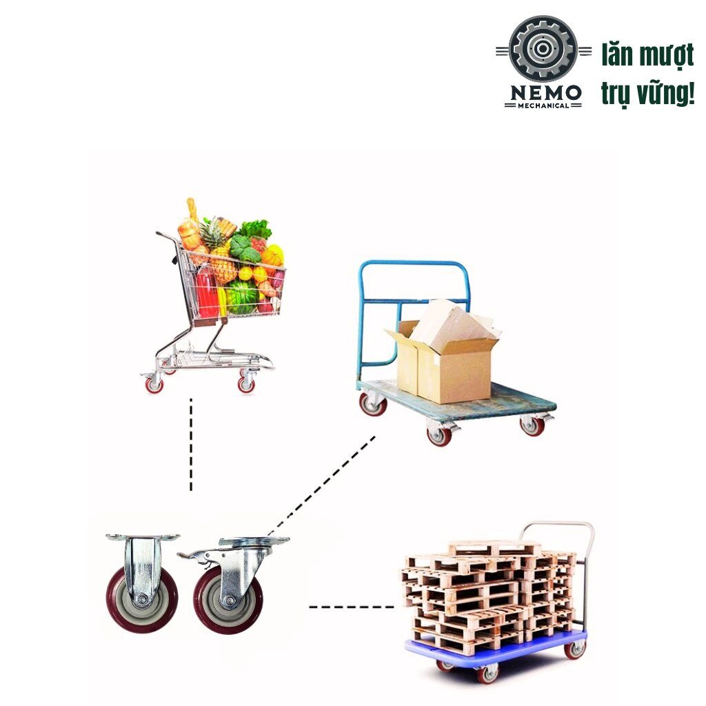 Bánh xe đẩy hàng PVC đỏ mận, mặt bích, có bạc đạn, đường kính 7cm, 10cm, 12cm, tải trọng 105-135kg